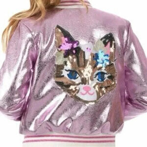 Hannah Banana Girl's Metallic Bomber Jacket w/ Sequin Cat Face